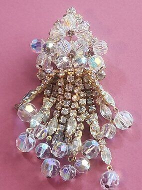 Vintage 1950s Aurora Borealis Crystal Waterfall Brooch - 12-Strand Tassel Pin